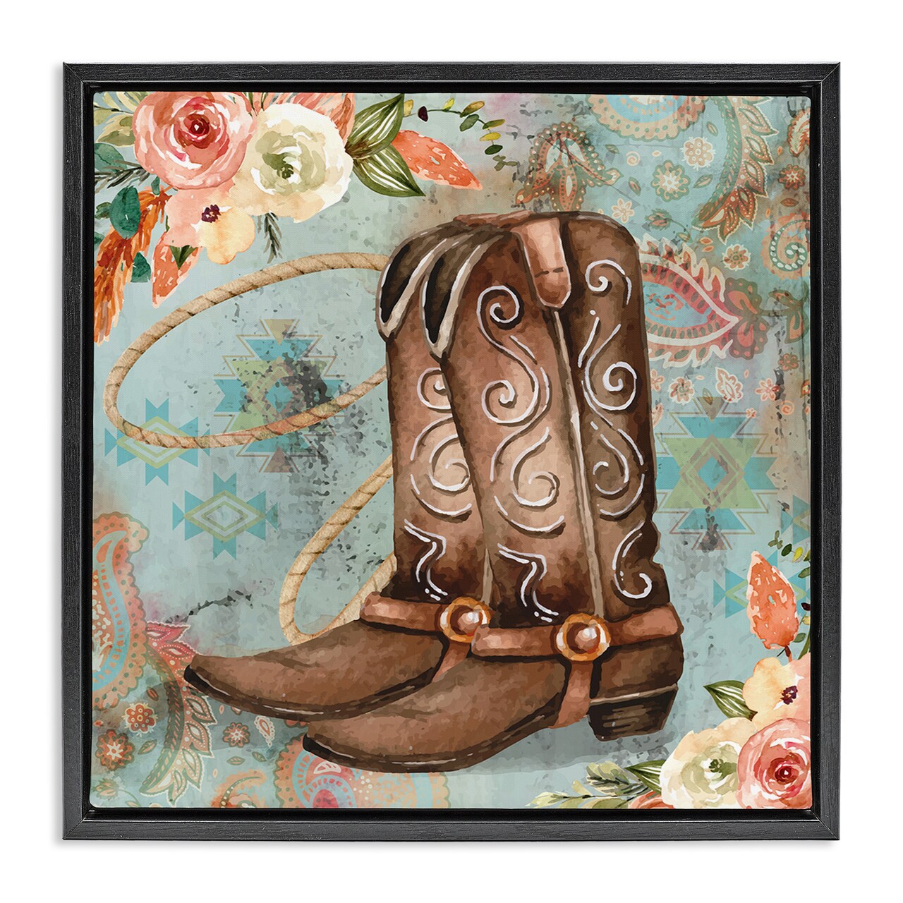 Stupell Industries Cowboy Boots Western Paisley Florals Framed Floater Canvas Wall Art